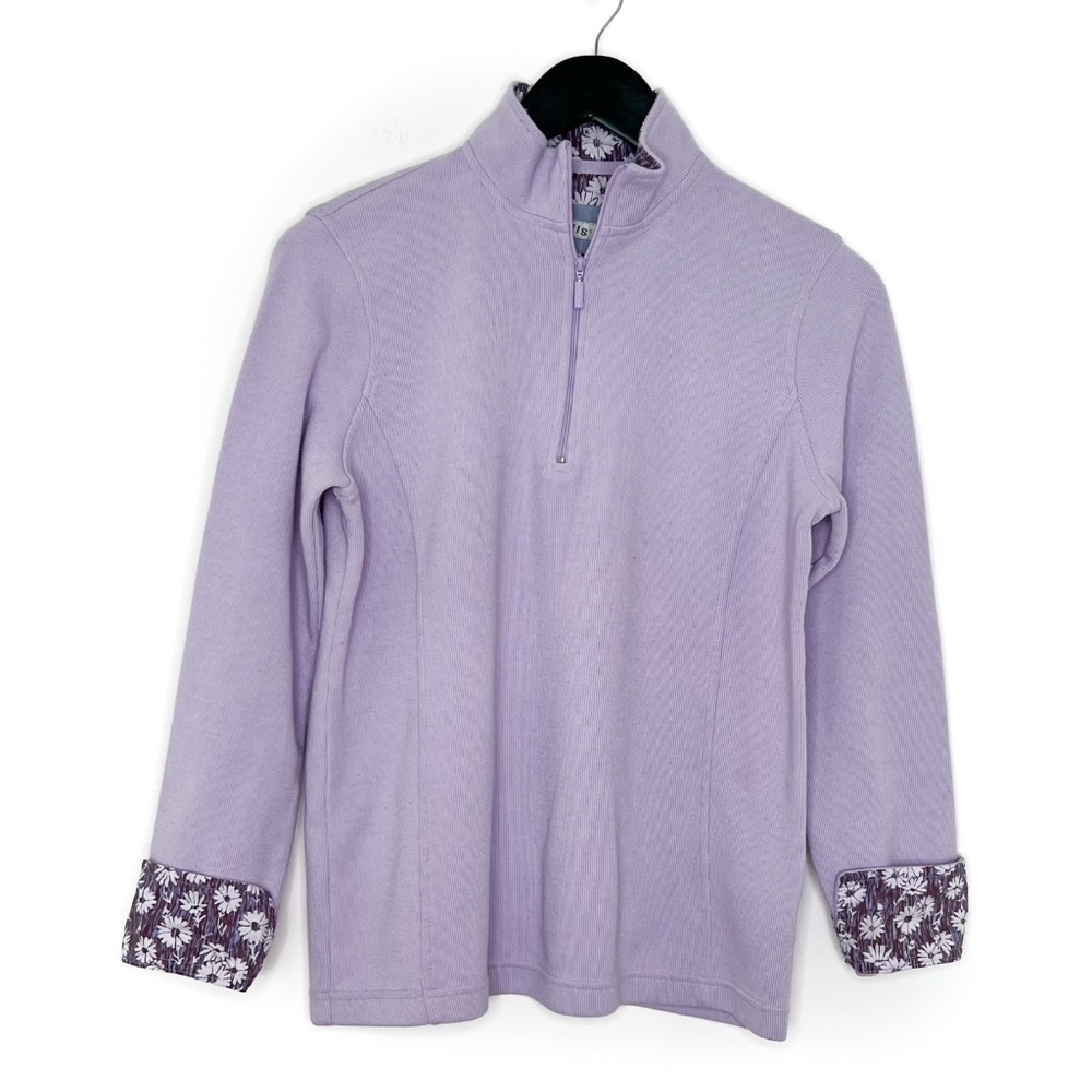 Orvis Sweater Long Sleeve Pullover Half Zip Floral Collar&Cuffs